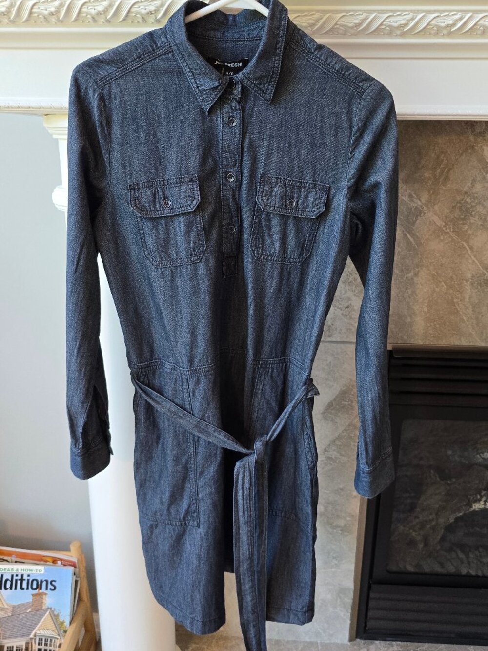 Joe Fresh Dark Wash Denim Look Belted Shirt Dress, Size S/P